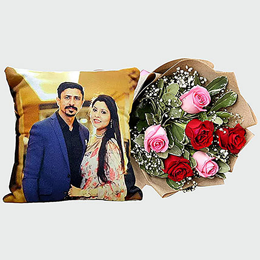 Pretty Roses With Personalised Cushion: Send Gifts to Kuwait