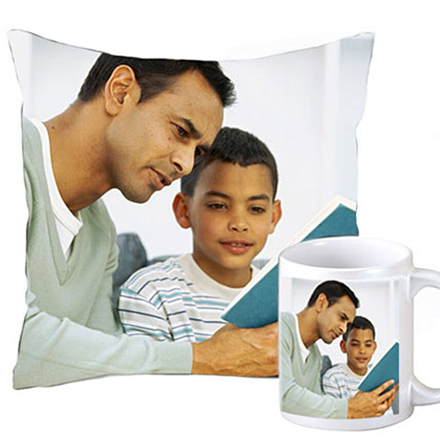 Cuddly personalized cushion and coffee mug: Fathers Day Personalised Gifts