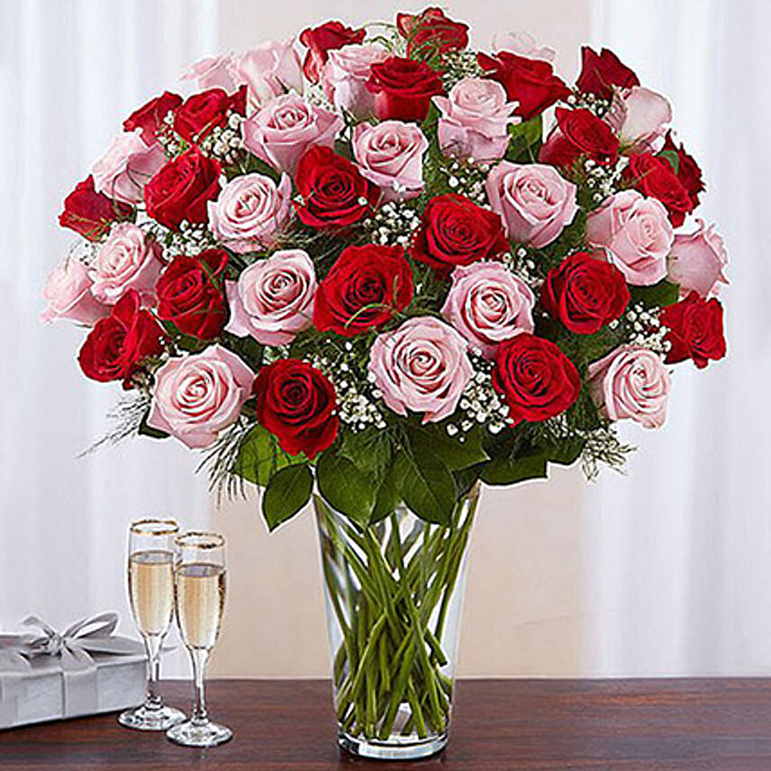 50 Vivid Red and Pink Roses In Vase: Wedding Flowers Bouquet