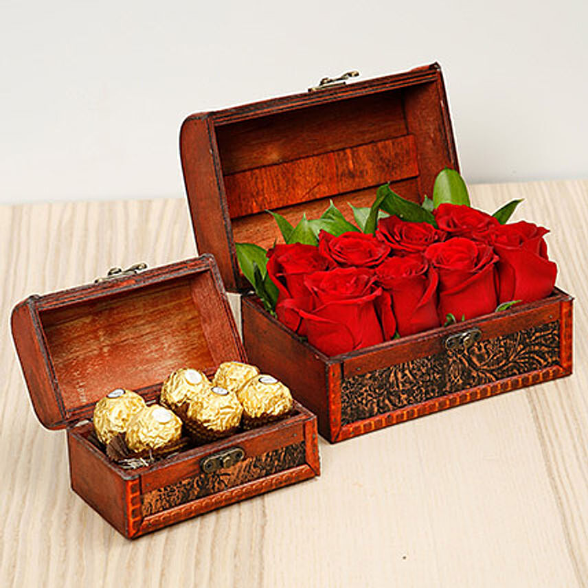 Passionate Red Roses and Chocolates Box: Ferrero Rocher Chocolates