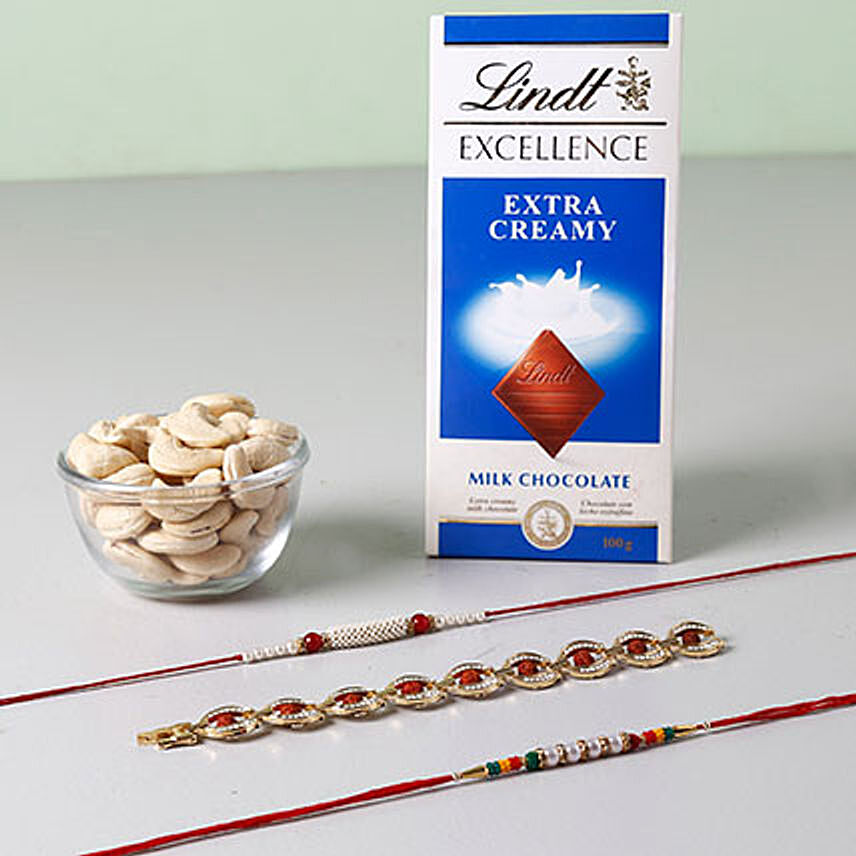 Lindt And Cashew Nuts With Set of 3 Rakhis: 