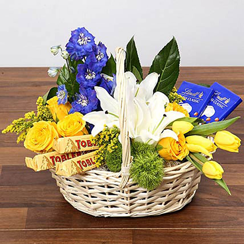 Yellow and Blue Floral Basket With Chocolates: Tulips Flowers