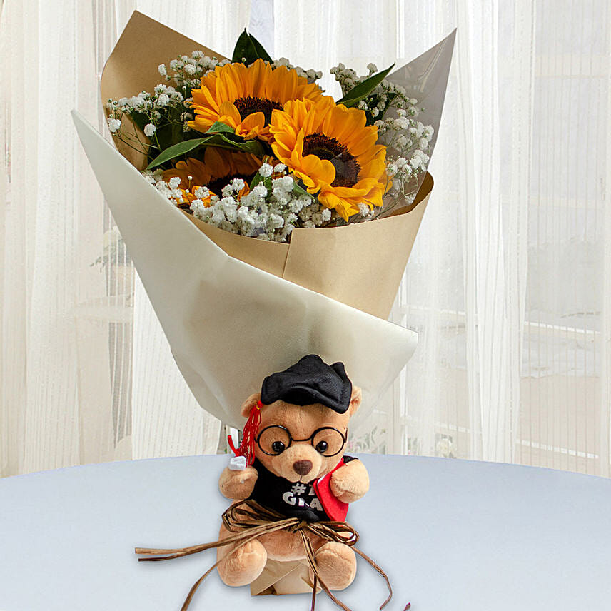 Sunflower Bouquet With Cute Teddy: Graduation Flowers Singapore