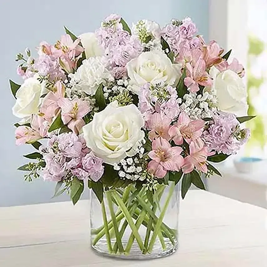 Pink And White Floral Bunch In Glass Vase: Xmas Gift ideas for Husband