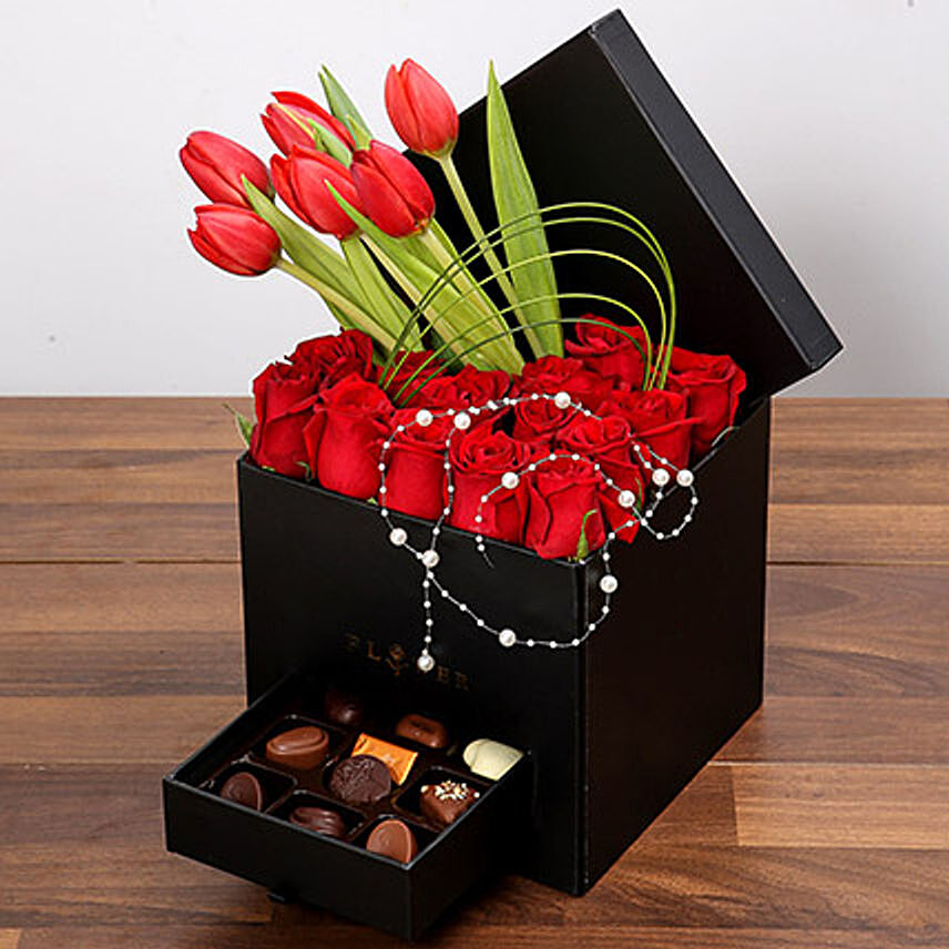 Stylish Box Of Chocolates and Red Flowers: Tulips Bouquet