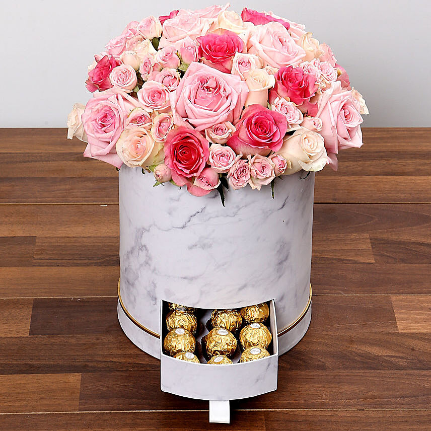 Stylish Box Of Pink Roses and Chocolates: Ferrero Rocher Bouquets 
