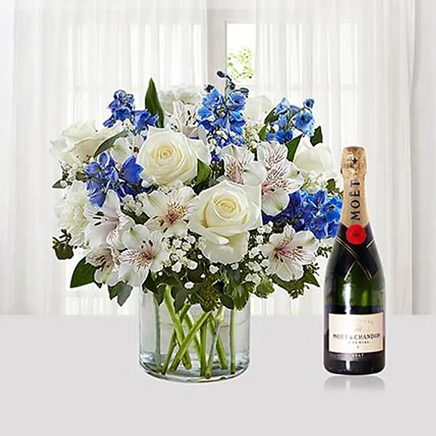 Flower Vase Arrangement With Moet Champagne: All Types of Flowers