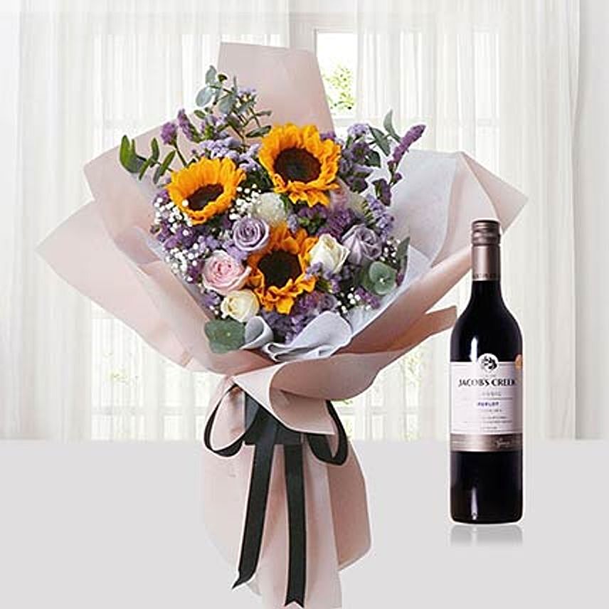 Mixed Flowers Bouquet N Wine Combo: Flowers And Wine Delivery