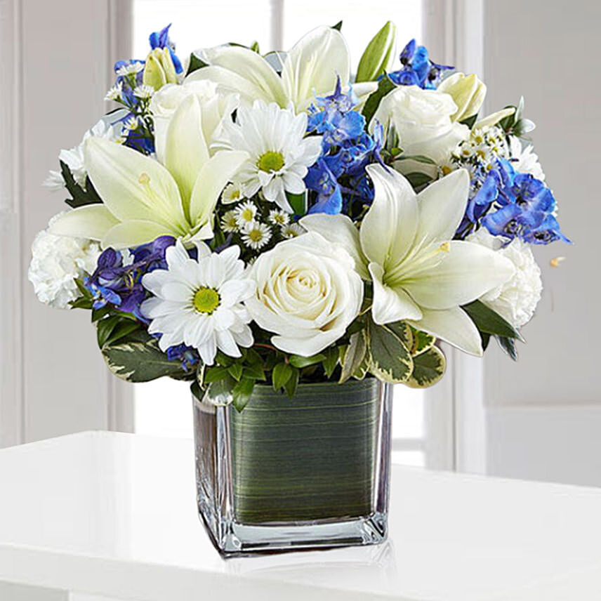 Blue and White Blooms Vase: Lily Bouquet