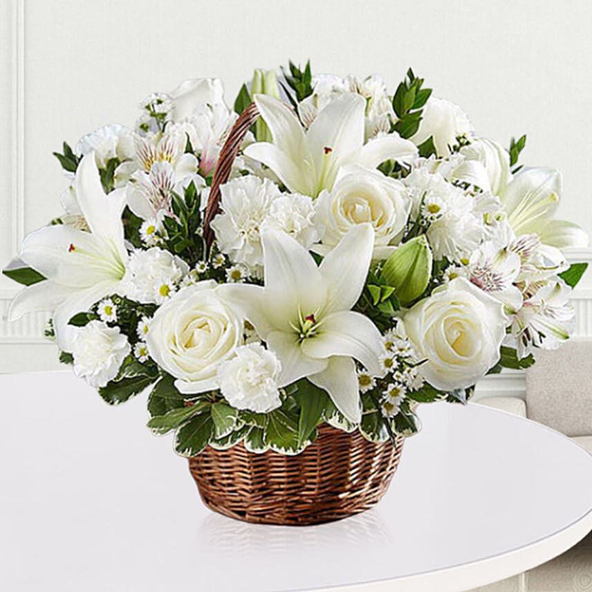 Elegant White Floral Basket: Lily Flowers