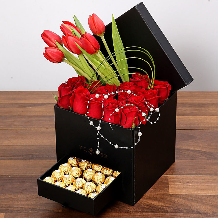 Stylish Box Of Red Flowers with Ferrero Chocolates: Chocolate Gifts 