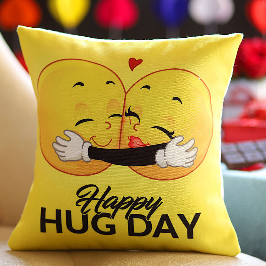 Happy Hug Day Printed Emoji Cushion: 