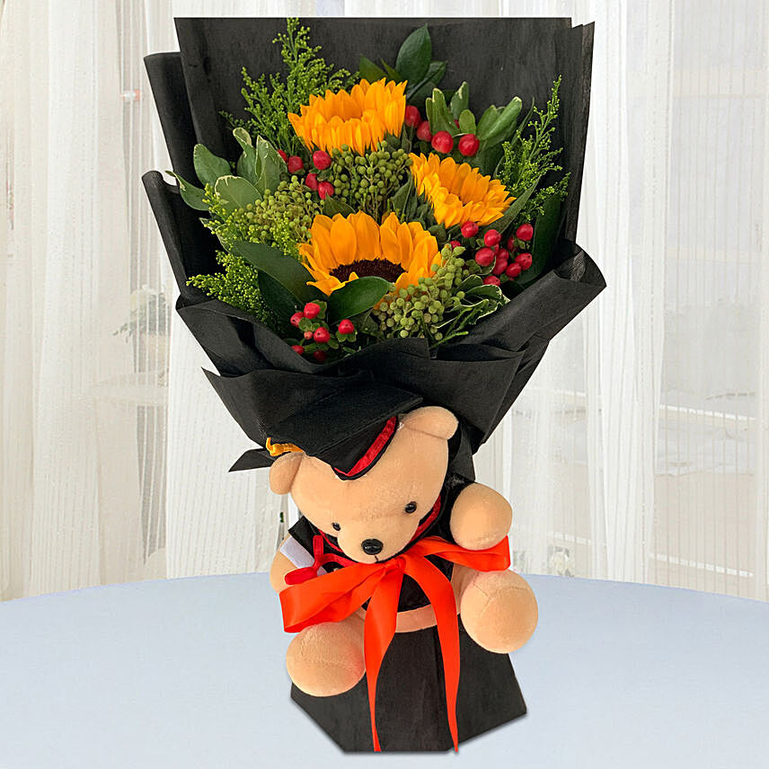 Vibrant Flower Bouquet With Graduation Teddy: Plush Toys and Flowers