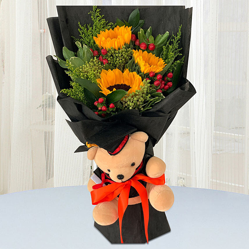 Vibrant Flower Bouquet With Graduation Teddy: Graduation Gifts Singapore