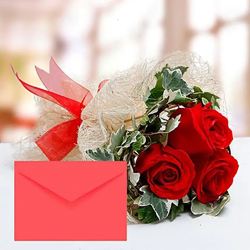 Red Roses Bouquet With Greeting Card: Red Bouquets