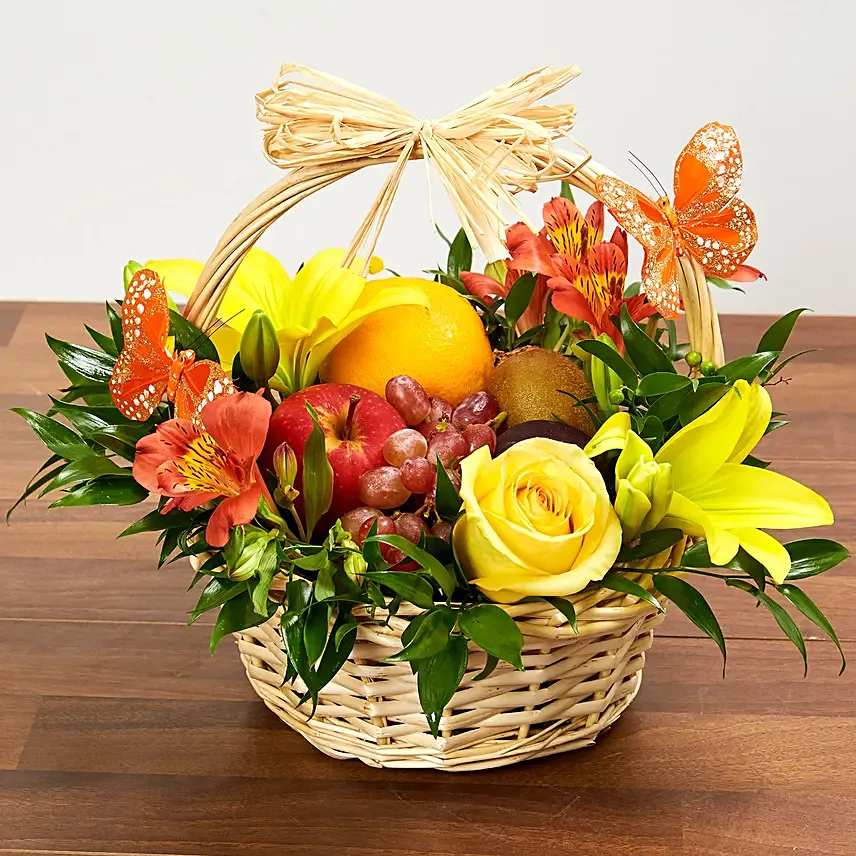 Basket Arrangement Of Fresh Flowers & Fruits: Birthday Basket Arrangement