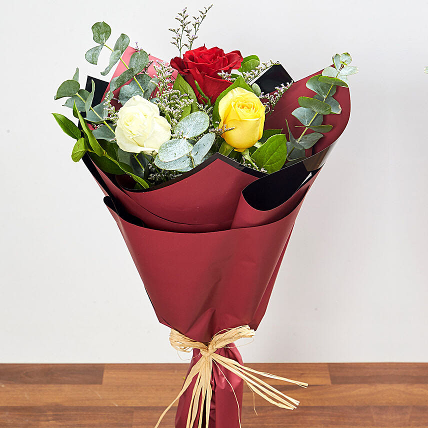 Vibrant Bouquet Of Colored Roses: Teddy Day Gifts