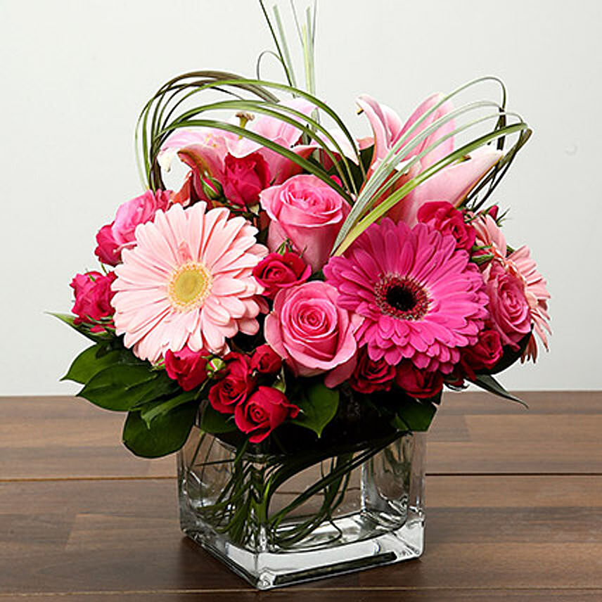 Roses & Gerbera Arrangement In Glass Vase: Pink Flower Bouquet