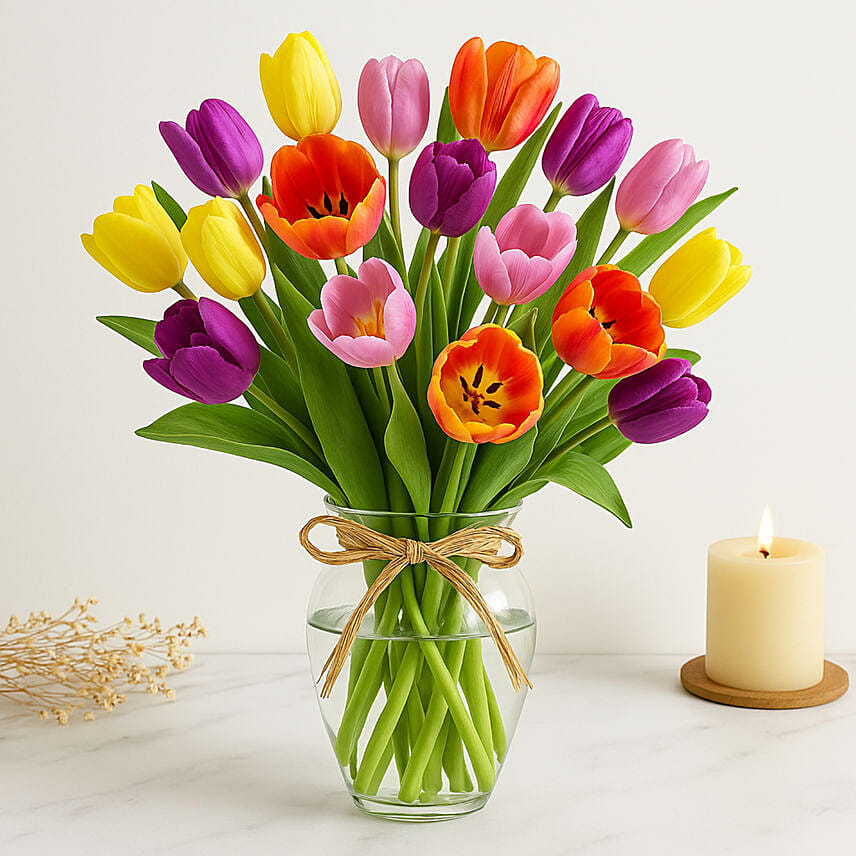 Colourful Tulips In Glass Vase: Housewarming Gifts