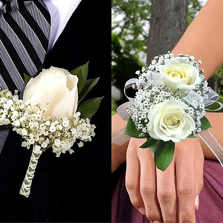 White Roses boutonniere and Corsage: Rose Bouquet