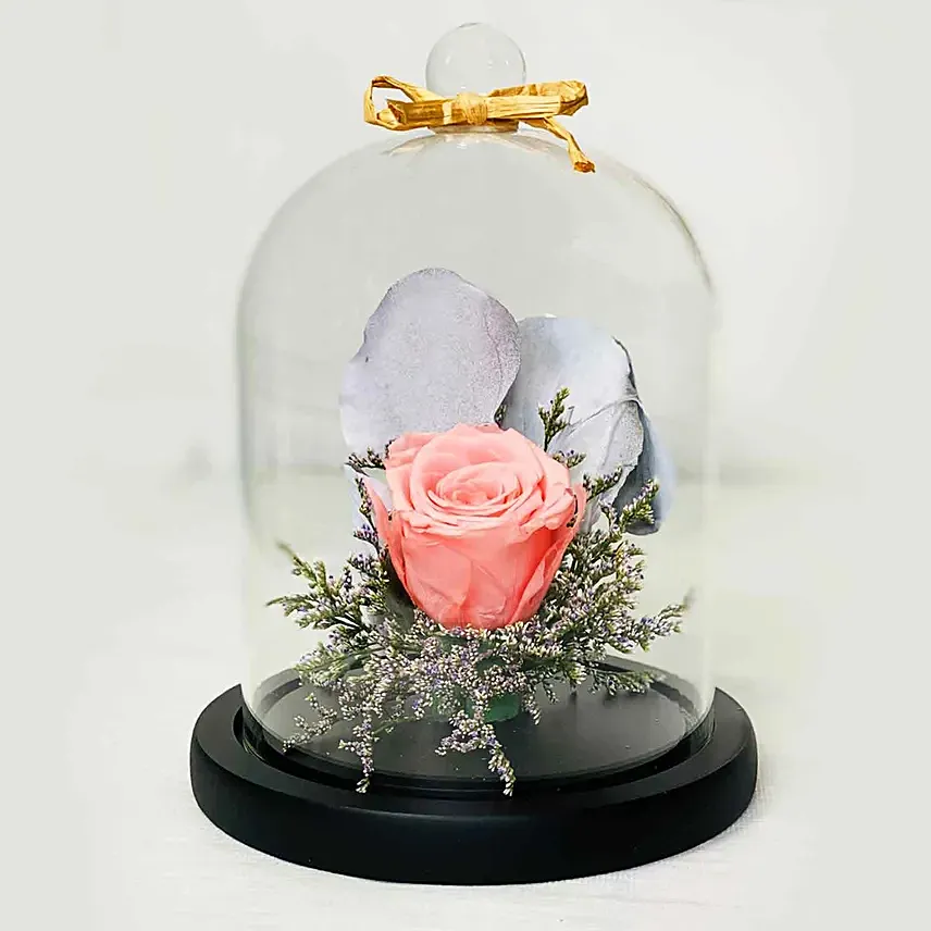 Forever Rose In Glass Dome- Pink: Pink Flower Bouquet