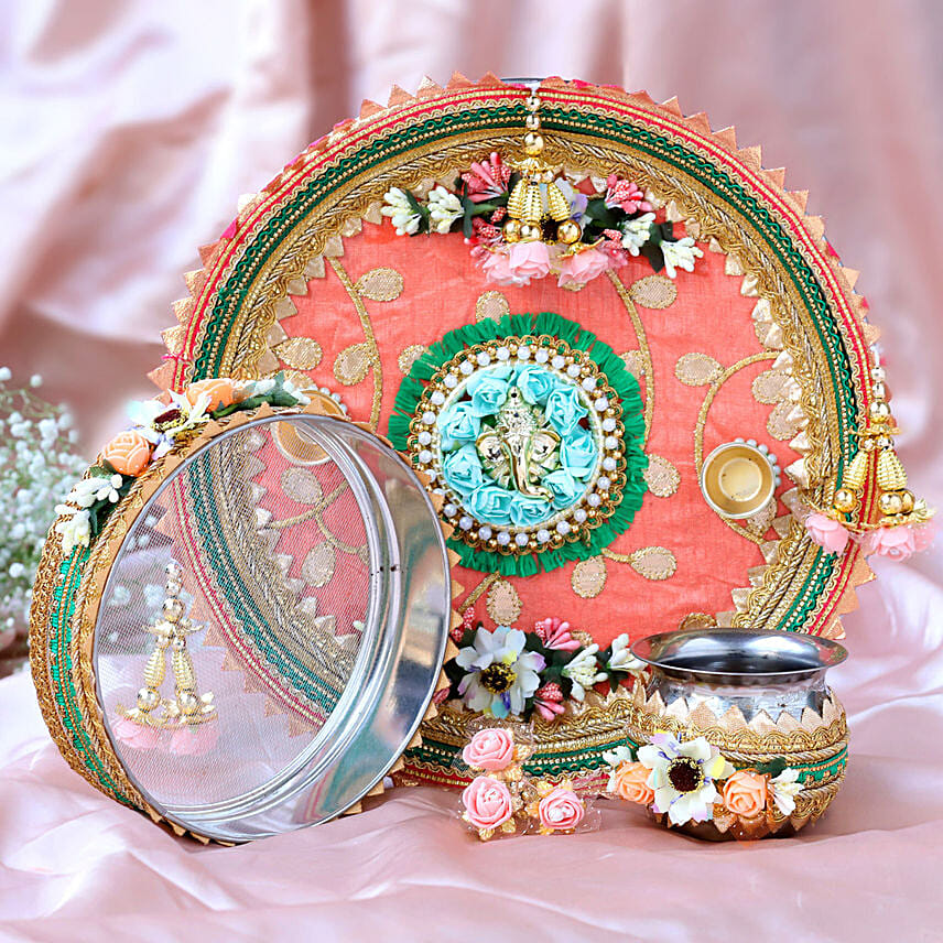 Pretty Peach Pooja Thali Set: 