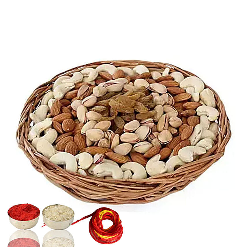 Half Kg Dry Fruits Basket With Moli & Roli Chawal For Bhaidooj: Dry Fruits Hampers