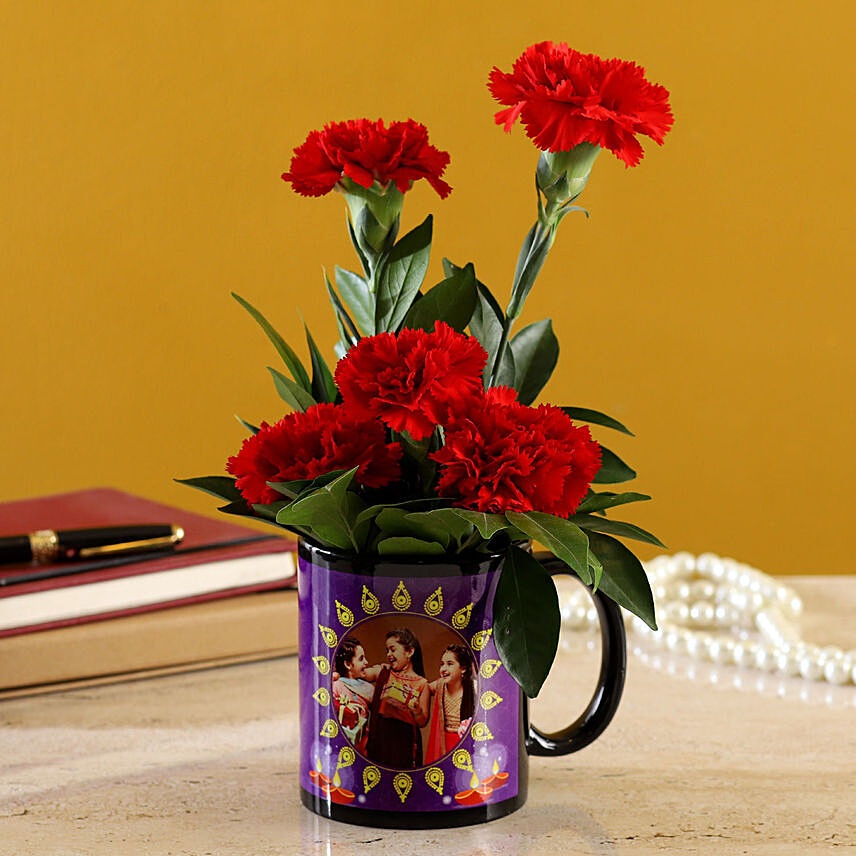 Red Carnations Bunch In Black Personalised Mug: Flower Bouquet with Personalised Gift