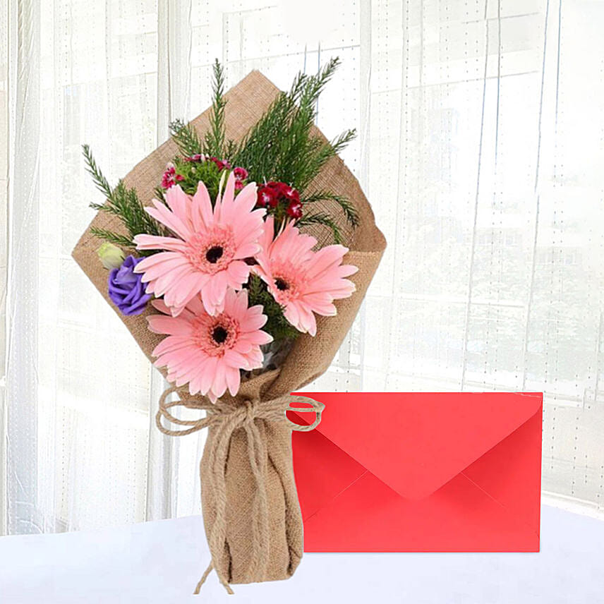 Gerberas Rose Bunch With Greeting Card: Flowers & Greeting Cards 