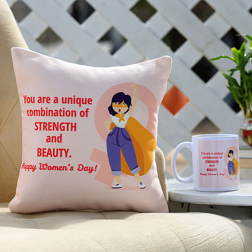 Strength Beauty Women Day Cushion N Mug: Custom Women's Day Gifts