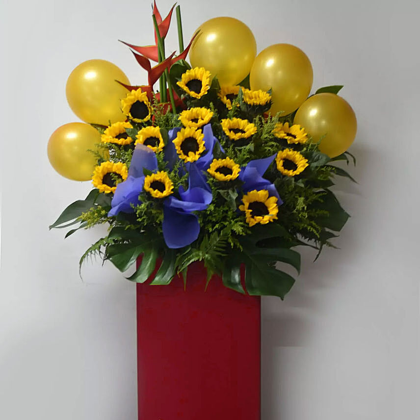 Sunflowers And Orange Balloons Flower Stand: Gerbera Bouquet