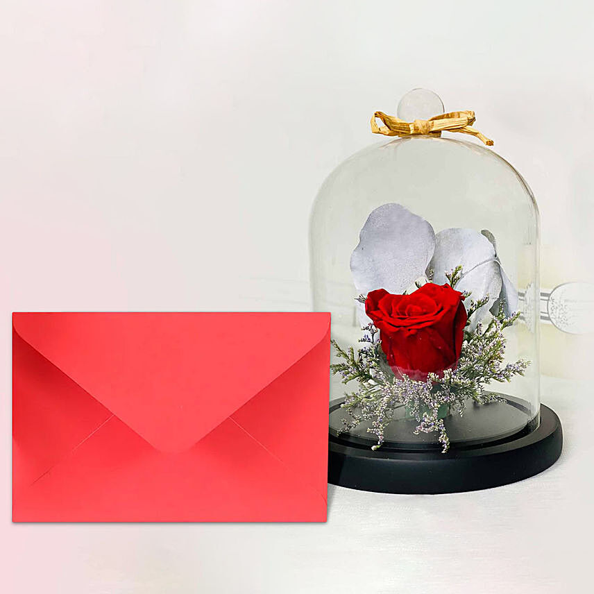 Forever Red Rose With Greeting Card: Send Greeting Card with Flowers