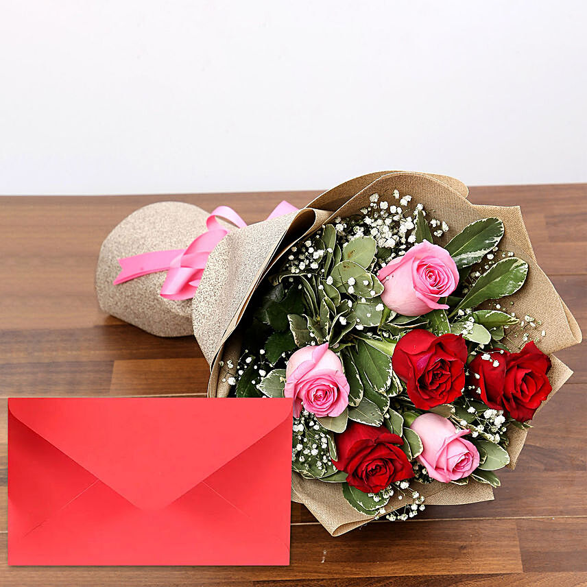 Red & Pink Roses Bouquet With Greeting Card: Flowers & Greeting Cards 