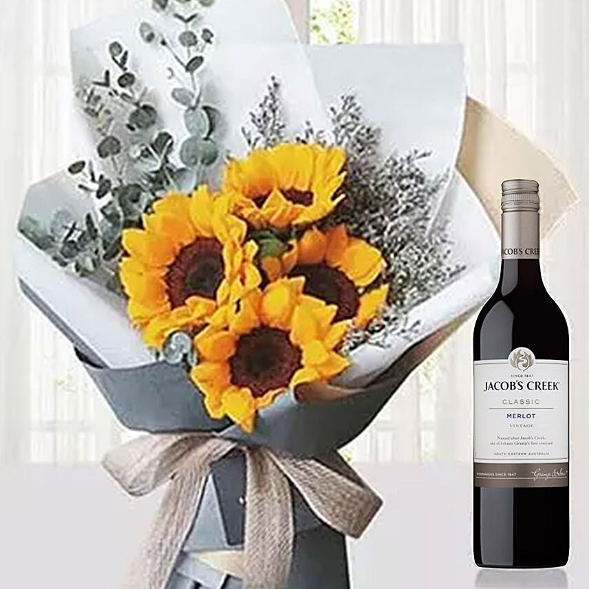 Sunflowers Bouquet With Jacob's Creek Wine: Flowers And Wine Delivery