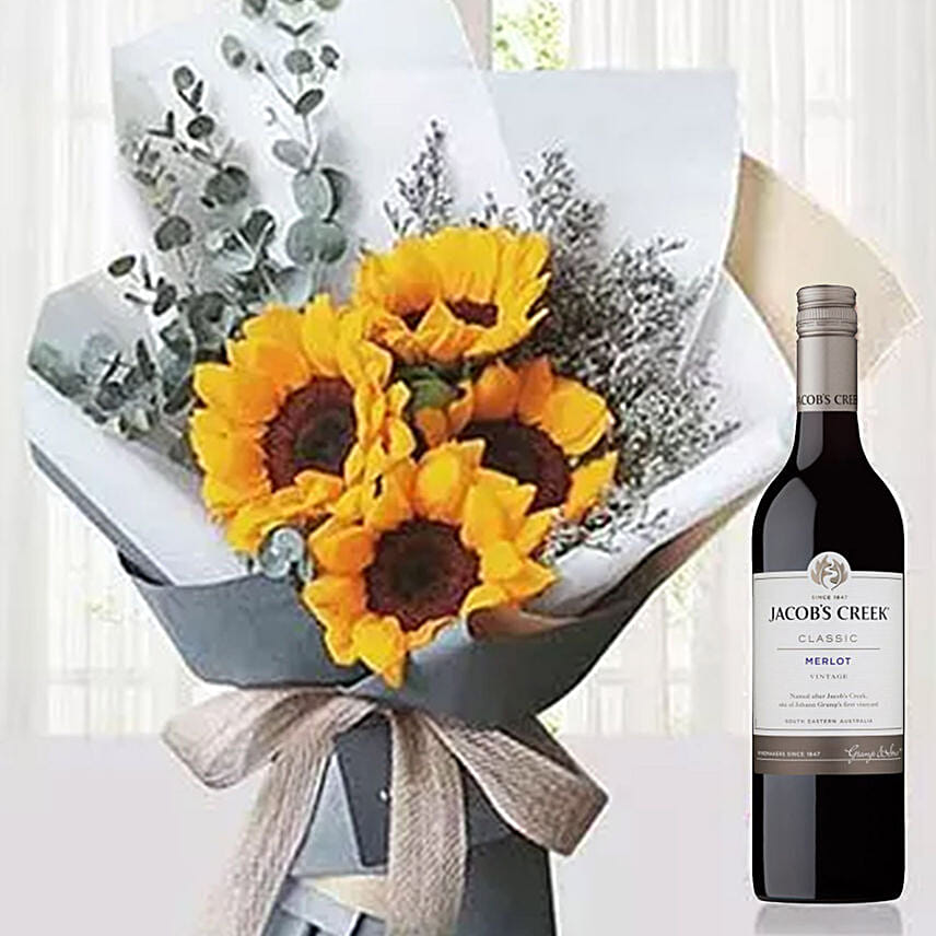 Sunflowers Bouquet With Jacob's Creek Wine: Flowers And Champagne Delivery