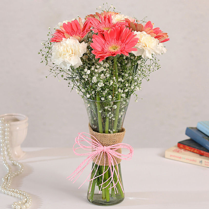 Pink Gerberas & White Carnations In Glass Vase: Carnations Arrangements 
