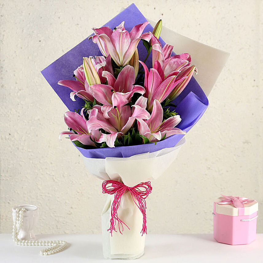 Alluring Pinkish Oriental Lilies Bouquet: Lily Bouquet
