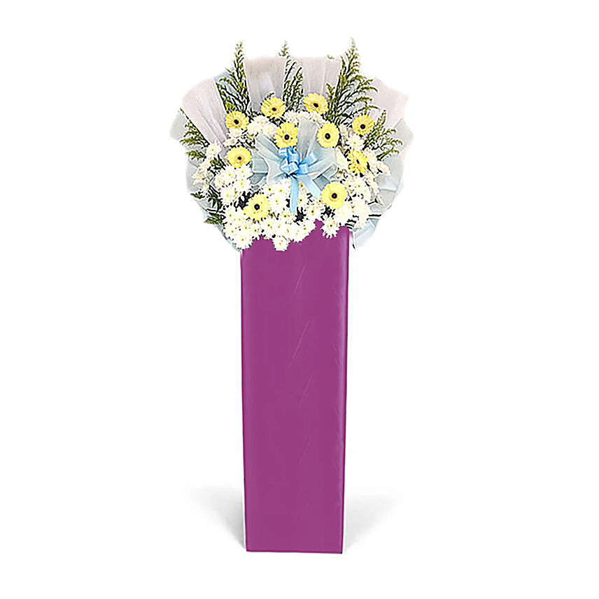 Cream Gerberas White Pom In Lovely Pink Stand: Sympathy N Funeral Flower Stands