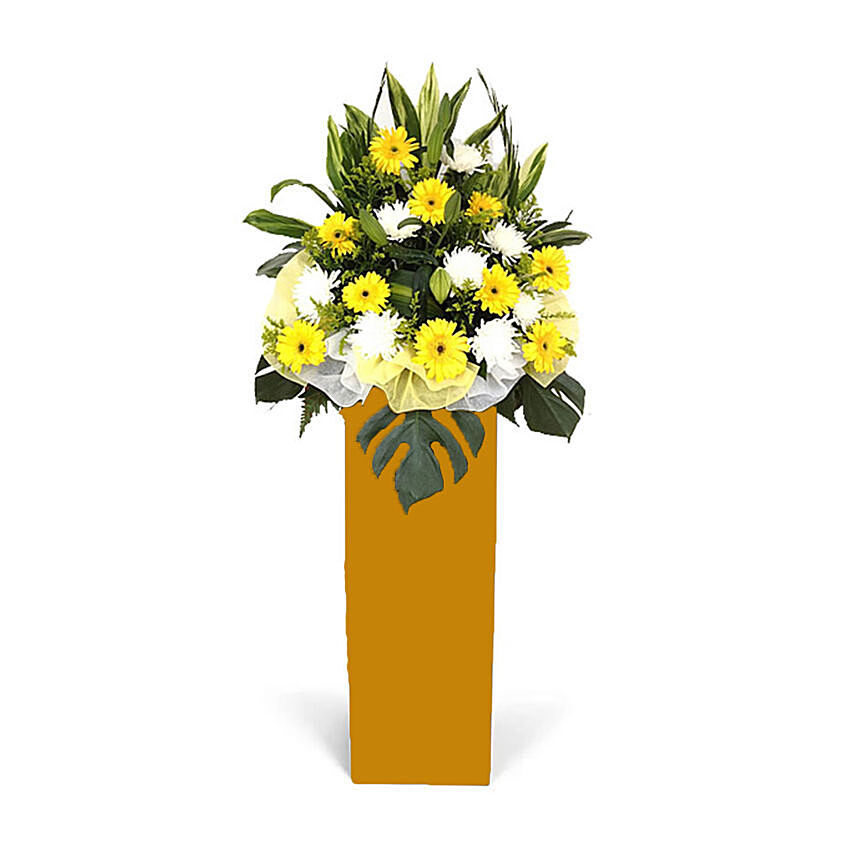 Gerberas Chrysanth With Premium Brown Stand: Yellow Floral Bouquet