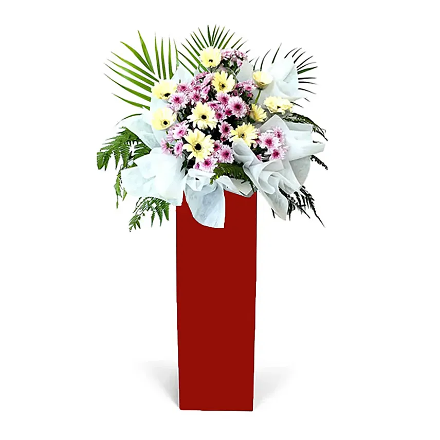 Gerberas Purple Pom In Beautiful Red Stand: Gerbera Bouquet