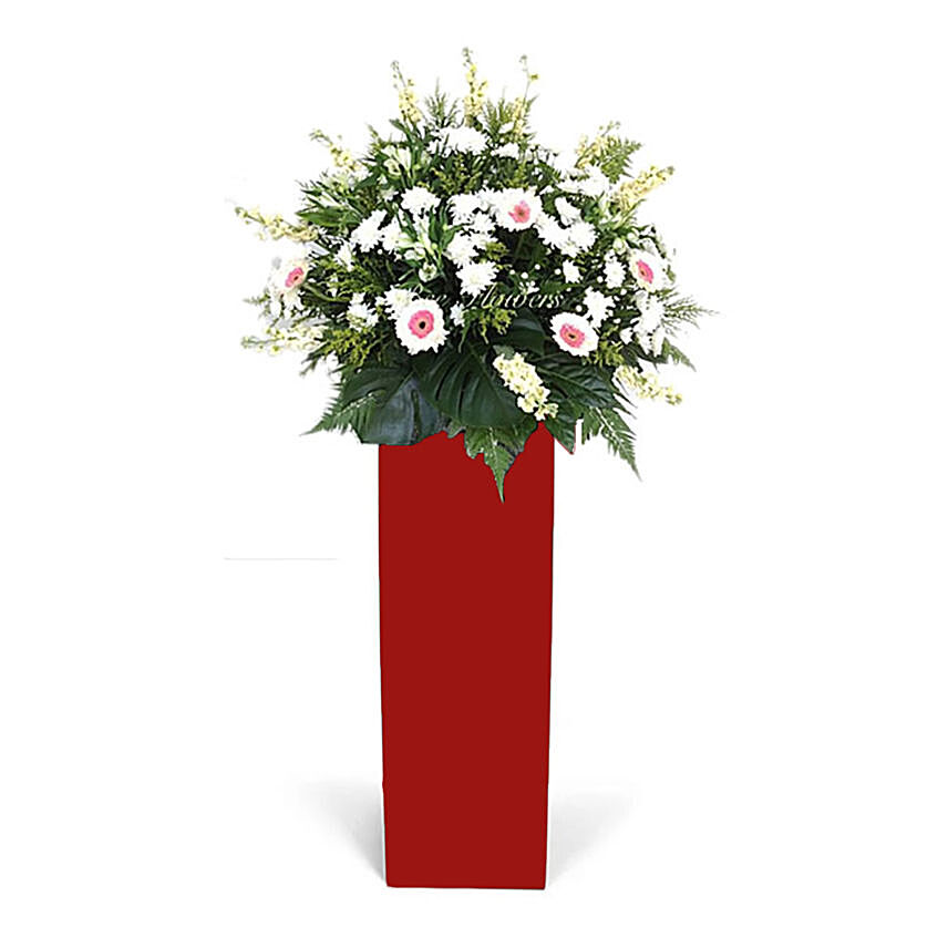 Lovely Mixed Flowers Red Stand Arrangement: Gerbera Flowers