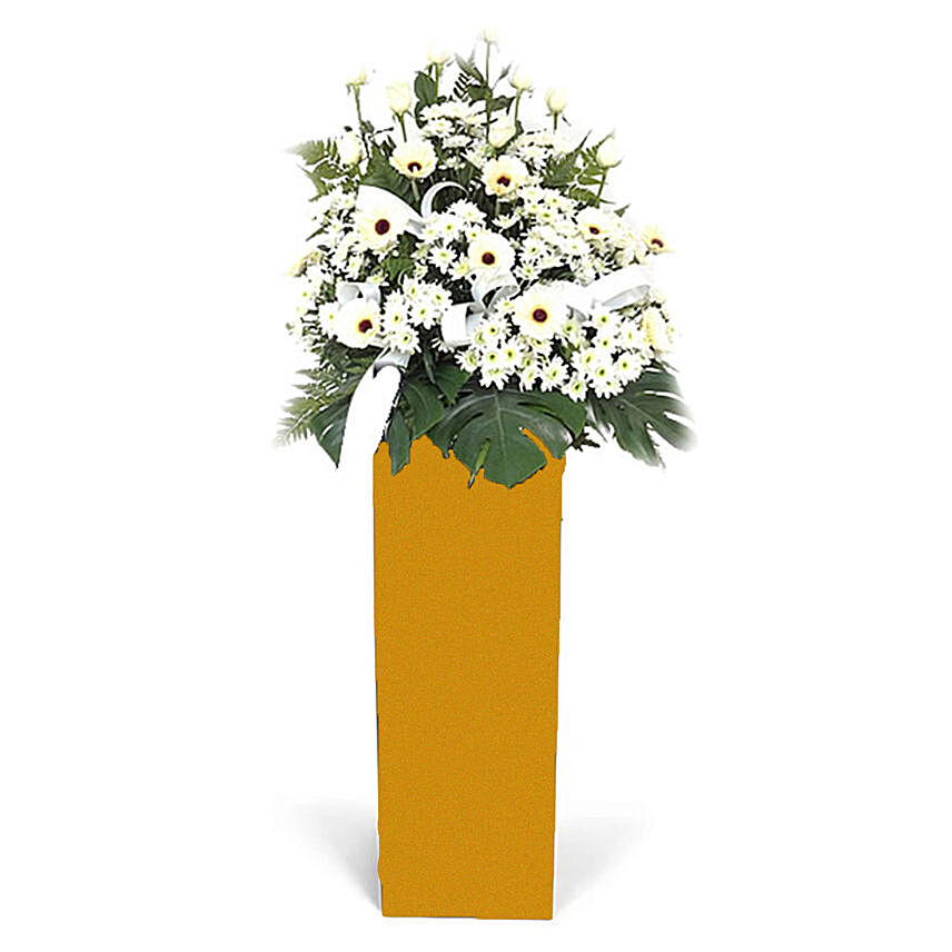 Serene Mixed Flowers Brown Stand Arrangement: White Flowers Bouquet