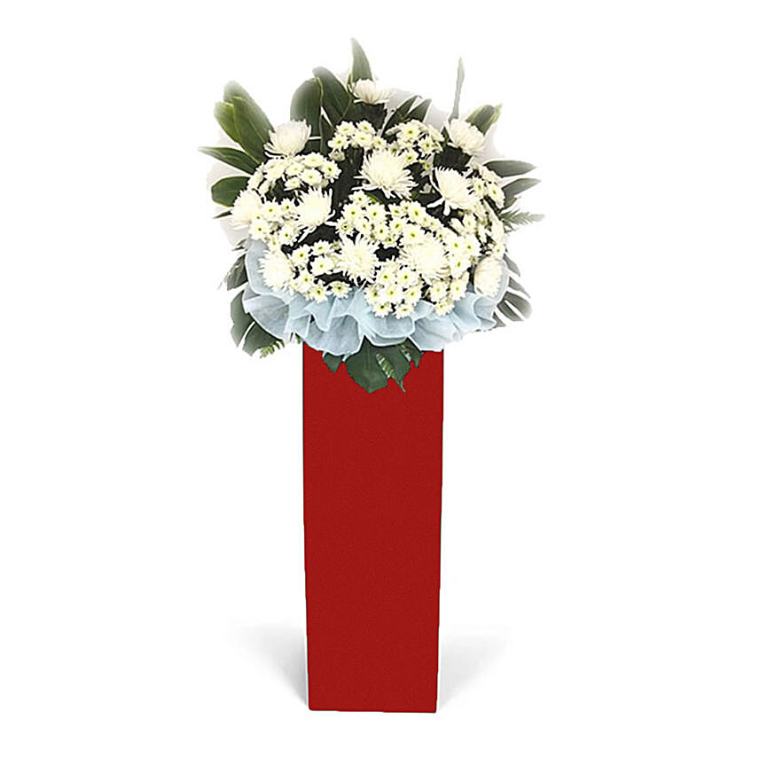 White Chrysanth White Pom Arrangement In Red Stand: Funeral Flowers