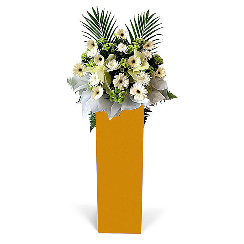 Alluring Mixed Flowers Arrangement In Brown Stand: Sympathy and Condolence Flowers