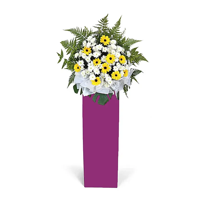 Yellow Gerberas White Pom In Beautiful Pink Stand: Funeral Flowers