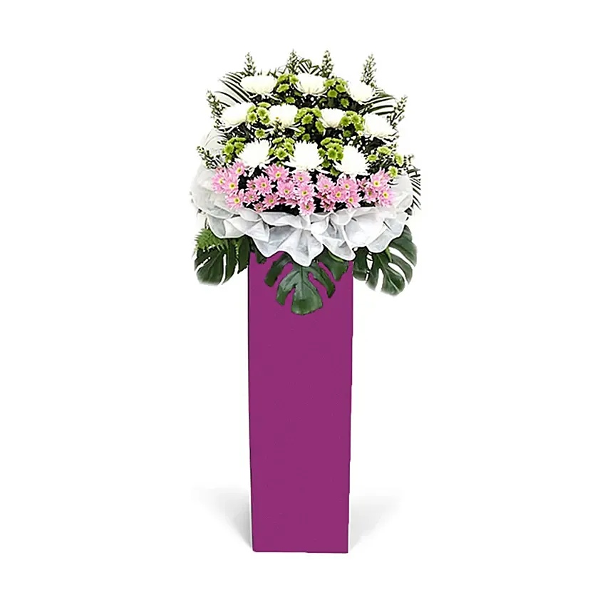 Blissful Mixed Flowers With Pink Stand: White Flowers Bouquet