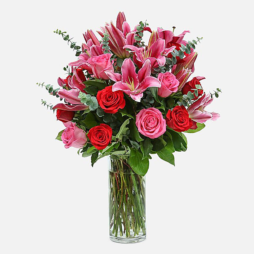 Mixed Roses Stargazer Lilies In Glass Vase Arrangement: Lily Bouquet