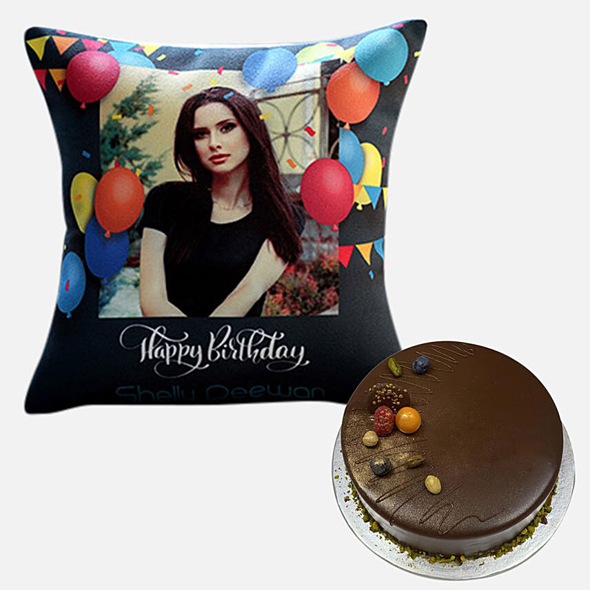 Chocolate Cake With Personalised Birthday Cushion: Personalised Combo Gifts