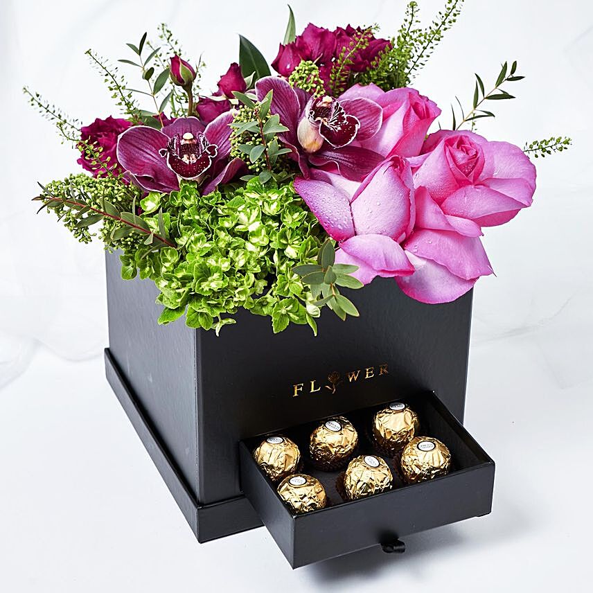 Beautiful Mixed Flowers Box Arrangement With Ferrero Rocher: Pink Flowers