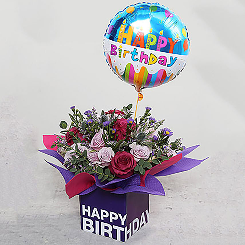 Birthday Flower Arrangement With Balloon: Purple Flowers